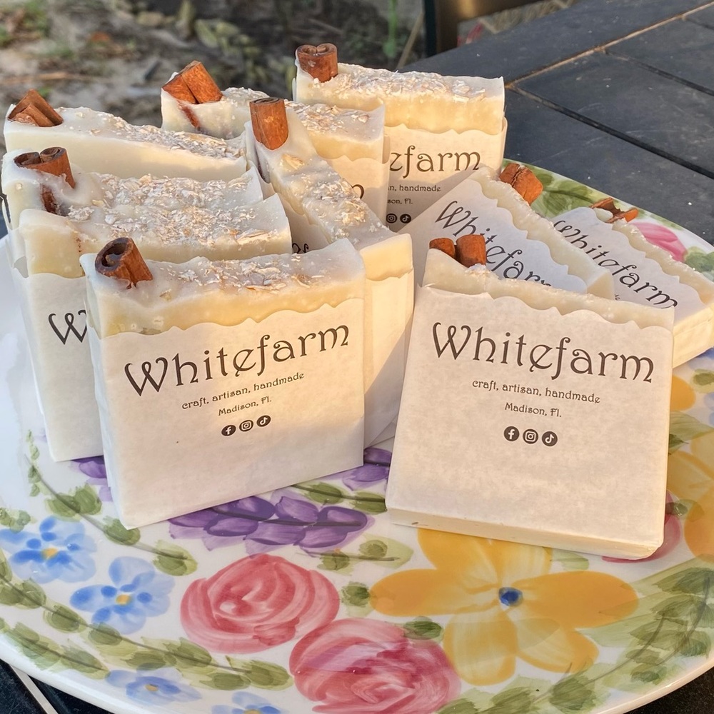 Natural handmade soap, Oatmeal and Cinnamon, approx. 4oz. Beige color.